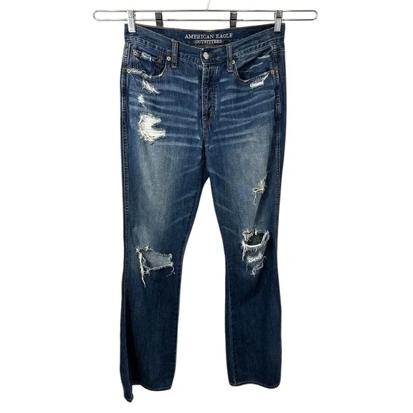 American Eagle Outfitters Size 8 Jeans Long Distressed High Rise Flare Blue 763 - Picture 1 of 11